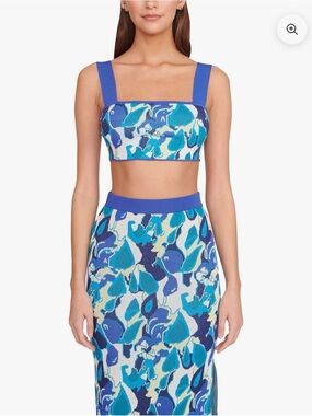 STAUD Blue & Aqua Floral Knit Crop Top and Skirt Set